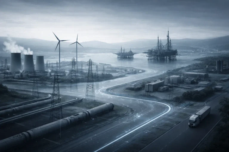 Abstract visualization of interconnected OT and Cyber-Physical System infrastructure representing system-level cyber resilience in 2026