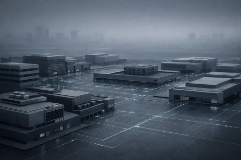 Industrial energy and transportation infrastructure integrated with embedded AI digital pathways representing enterprise cyber-physical system transformation in 2026