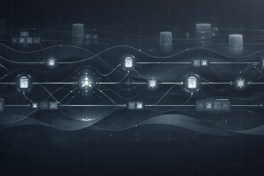 AI orchestrated enterprise workflows showing context-aware execution systems and adaptive workflow orchestration in 2026
