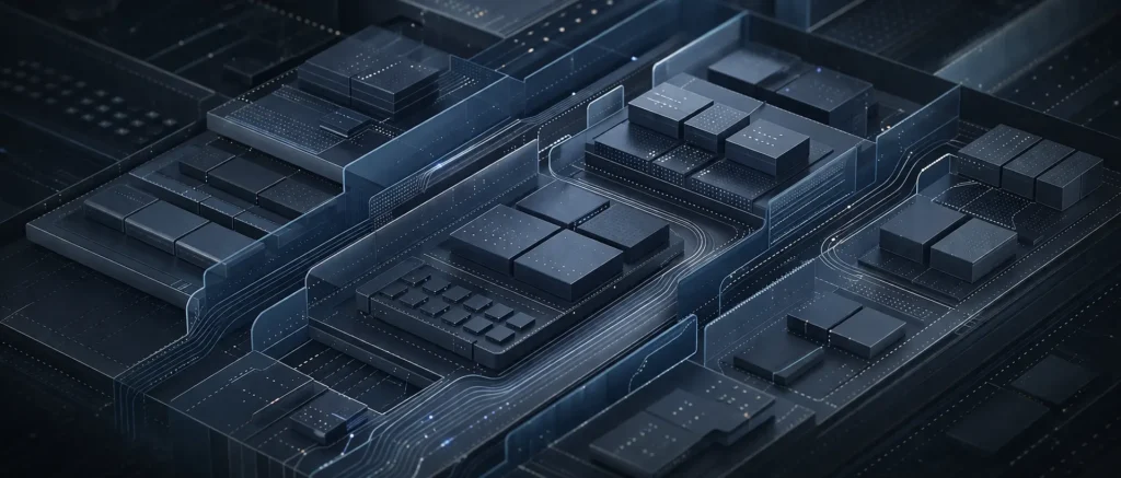 Layered enterprise AI system architecture showing internal control boundaries and structured data flow across interconnected system layers